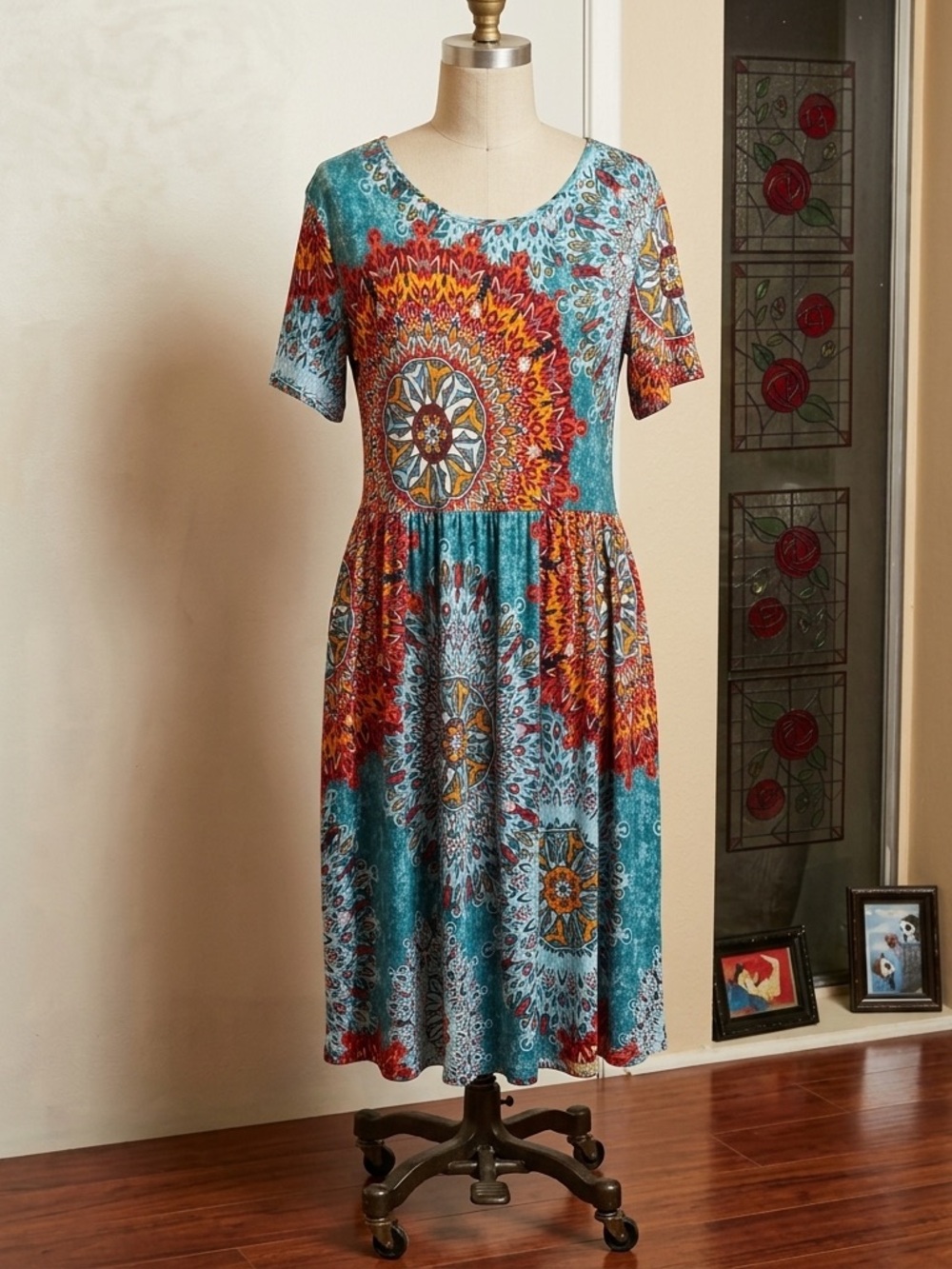 Boho Mandala Print Empire Waist Midi Dress with Pockets - Blue/Multicolor